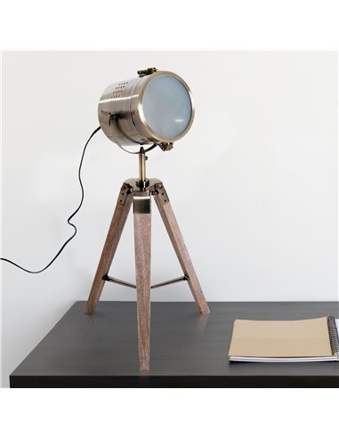 HOMCOM Vintage Tripod Table Desk Lamp Bedside Light Spotlight Brass Antique Searchlight Wooden Base B31-075