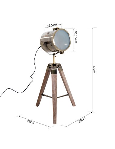 HOMCOM Vintage Tripod Table Desk Lamp Bedside Light Spotlight Brass Antique Searchlight Wooden Base B31-075