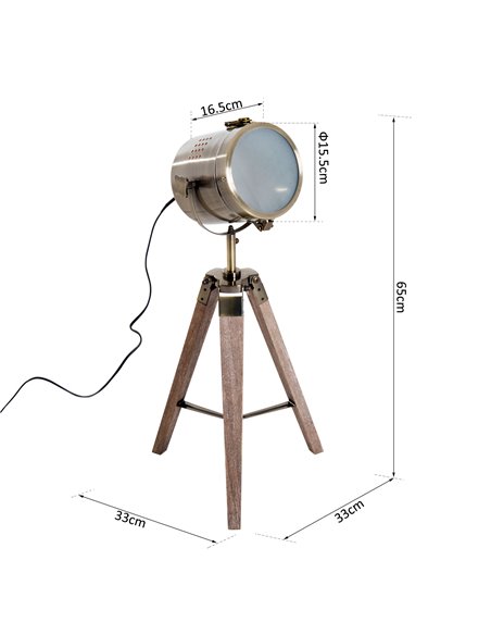 HOMCOM Vintage Tripod Table Desk Lamp Bedside Light Spotlight Brass Antique Searchlight Wooden Base B31-075 - pic 72252 | FastDaddyshop
