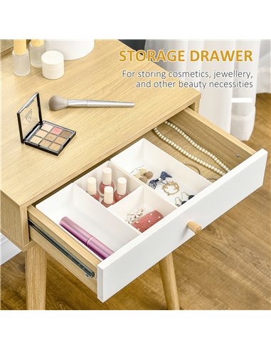 HOMCOM Modern Dressing Table with Large Mirror and Storage Drawer, Compact Vanity Table for Bedroom, Natural