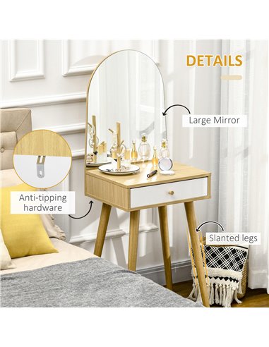 HOMCOM Modern Dressing Table with Large Mirror and Storage Drawer, Compact Vanity Table for Bedroom, Natural