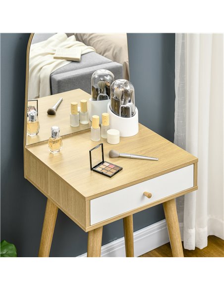 HOMCOM Modern Dressing Table with Large Mirror and Storage Drawer, Compact Vanity Table for Bedroom, Natural - pic 7229 | FastDaddyshop