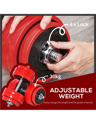 HOMCOM 30KGS Two-In-One Dumbbell & Barbell Adjustable Set Strength Muscle Exercise Fitness Plate Bar Clamp Rod Home Gym Sports A