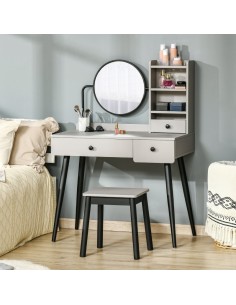 Homcom Dressing Table Set with 3 Drawers, Mirror, Stool and Open Shelves, Grey 2