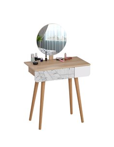 Homcom Dressing Table with Drawer and Mirror, height adjustable, Wooden Oak Color
