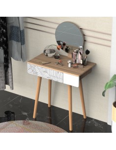 Homcom Dressing Table with Drawer and Mirror, height adjustable, Wooden Oak Color 2