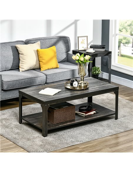HOMCOM Rustic Coffee Table with Storage Shelf, Cocktail Table with Steel Frame and Thickened Top for Living Room, Dark Walnut - pic 7267 | FastDaddyshop