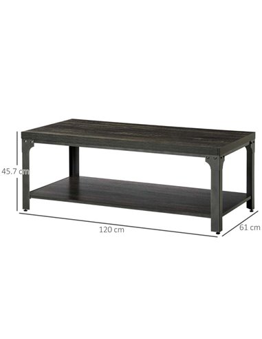 HOMCOM Rustic Coffee Table with Storage Shelf, Cocktail Table with Steel Frame and Thickened Top for Living Room, Dark Walnut