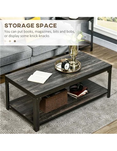 HOMCOM Rustic Coffee Table with Storage Shelf, Cocktail Table with Steel Frame and Thickened Top for Living Room, Dark Walnut