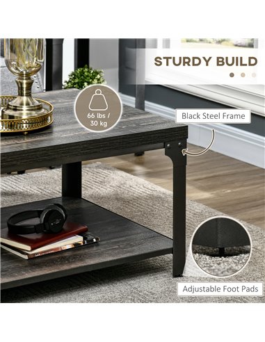 HOMCOM Rustic Coffee Table with Storage Shelf, Cocktail Table with Steel Frame and Thickened Top for Living Room, Dark Walnut