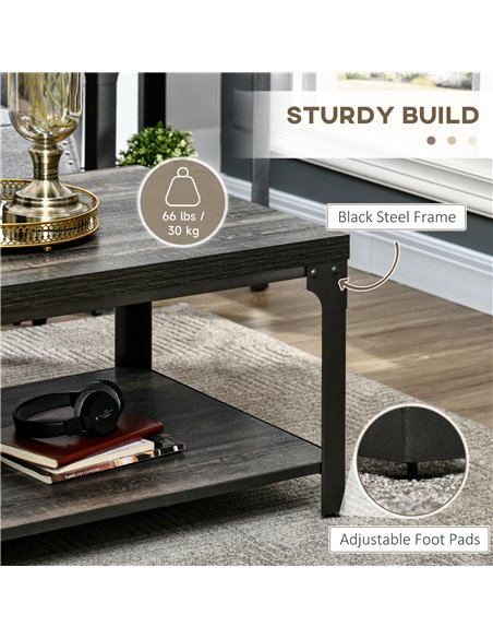 HOMCOM Rustic Coffee Table with Storage Shelf, Cocktail Table with Steel Frame and Thickened Top for Living Room, Dark Walnut - pic 7272 | FastDaddyshop