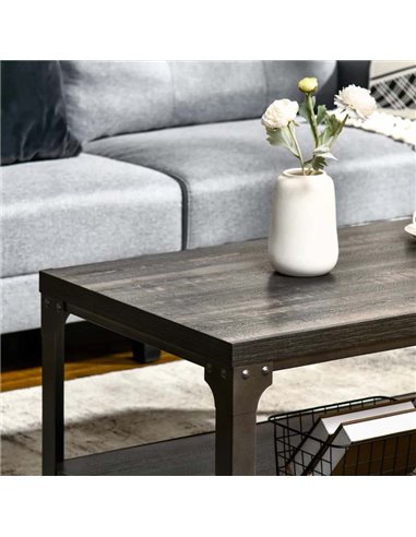 HOMCOM Rustic Coffee Table with Storage Shelf, Cocktail Table with Steel Frame and Thickened Top for Living Room, Dark Walnut