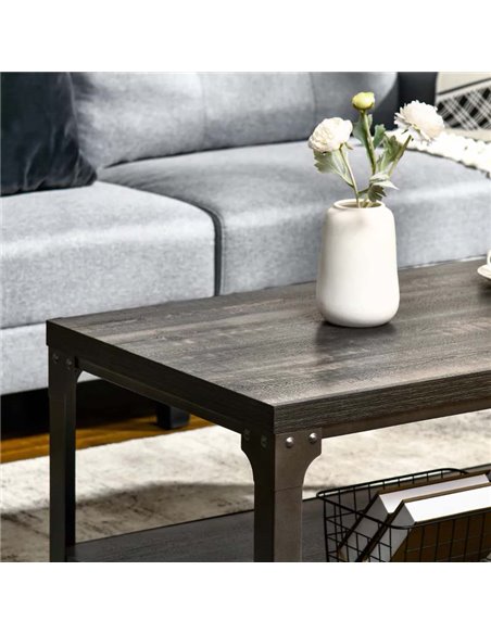 HOMCOM Rustic Coffee Table with Storage Shelf, Cocktail Table with Steel Frame and Thickened Top for Living Room, Dark Walnut - pic 7273 | FastDaddyshop