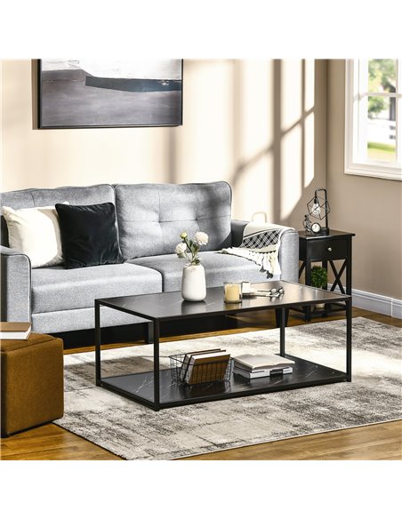 HOMCOM Modern Coffee Table with Faux Marble Top, Cocktail Table with 2-Tier Storage and Steel Frame for Living Room, Black - pic 7275 | FastDaddyshop