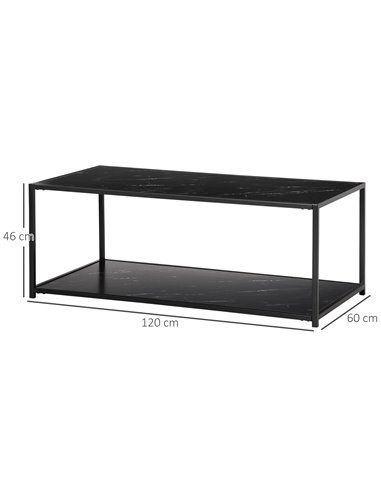 HOMCOM Modern Coffee Table with Faux Marble Top, Cocktail Table with 2-Tier Storage and Steel Frame for Living Room, Black