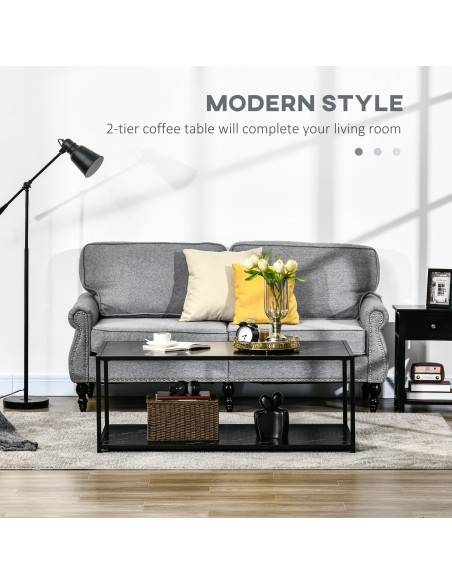 HOMCOM Modern Coffee Table with Faux Marble Top, Cocktail Table with 2-Tier Storage and Steel Frame for Living Room, Black - pic 7277 | FastDaddyshop