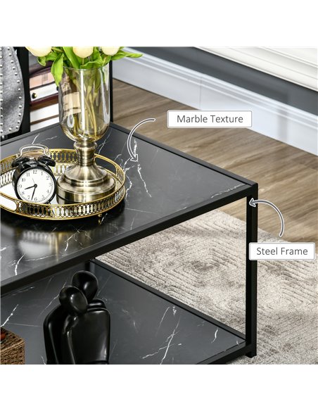 HOMCOM Modern Coffee Table with Faux Marble Top, Cocktail Table with 2-Tier Storage and Steel Frame for Living Room, Black - pic 7278 | FastDaddyshop