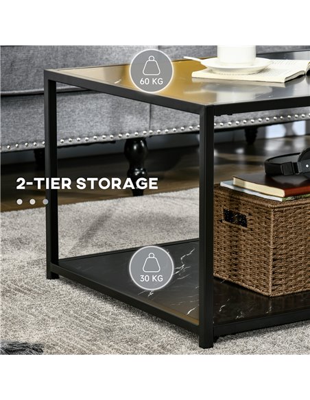 HOMCOM Modern Coffee Table with Faux Marble Top, Cocktail Table with 2-Tier Storage and Steel Frame for Living Room, Black - pic 7279 | FastDaddyshop