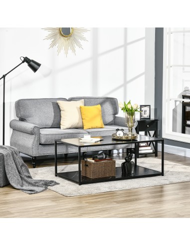 HOMCOM Modern Coffee Table with Faux Marble Top, Cocktail Table with 2-Tier Storage and Steel Frame for Living Room, Black