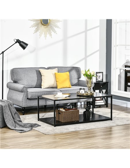 HOMCOM Modern Coffee Table with Faux Marble Top, Cocktail Table with 2-Tier Storage and Steel Frame for Living Room, Black - pic 7280 | FastDaddyshop