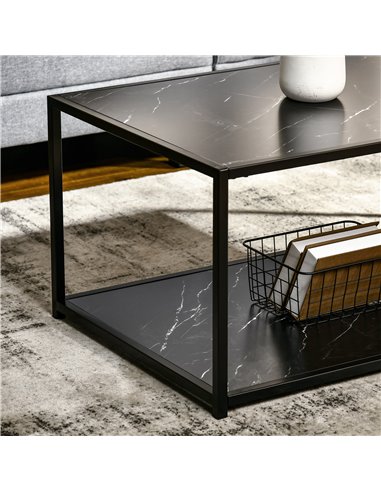 HOMCOM Modern Coffee Table with Faux Marble Top, Cocktail Table with 2-Tier Storage and Steel Frame for Living Room, Black