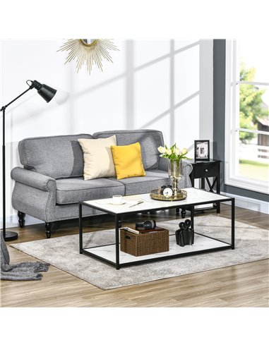 HOMCOM Modern Coffee Table with Faux Marble Top, Cocktail Table with 2-Tier Storage and Steel Frame for Living Room, White
