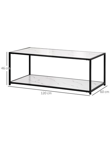 HOMCOM Modern Coffee Table with Faux Marble Top, Cocktail Table with 2-Tier Storage and Steel Frame for Living Room, White