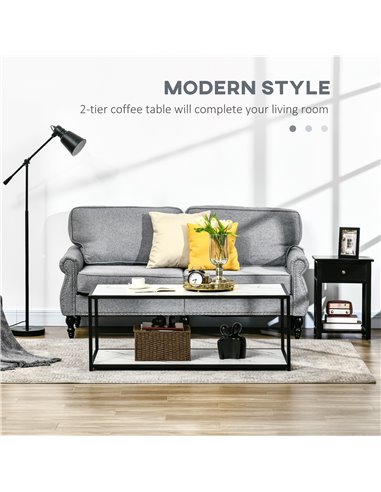 HOMCOM Modern Coffee Table with Faux Marble Top, Cocktail Table with 2-Tier Storage and Steel Frame for Living Room, White