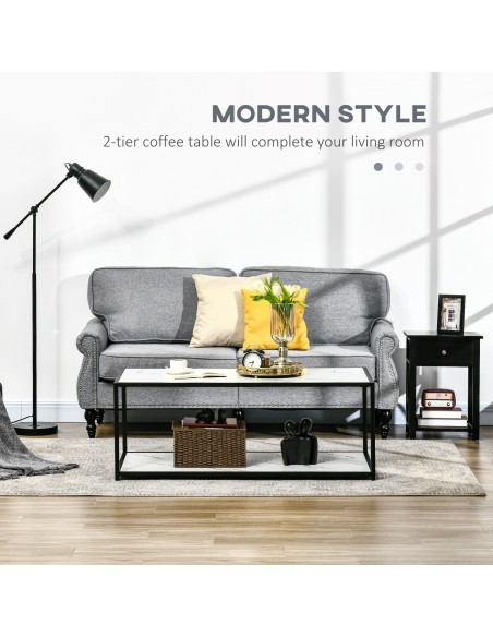 HOMCOM Modern Coffee Table with Faux Marble Top, Cocktail Table with 2-Tier Storage and Steel Frame for Living Room, White - pic 7285 | FastDaddyshop