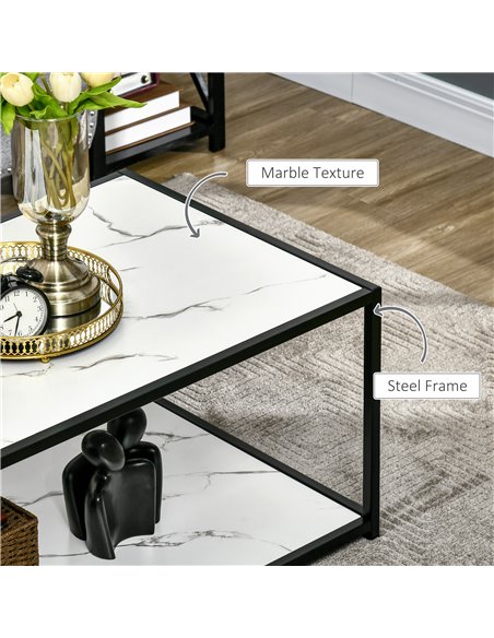 HOMCOM Modern Coffee Table with Faux Marble Top, Cocktail Table with 2-Tier Storage and Steel Frame for Living Room, White - pic 7286 | FastDaddyshop
