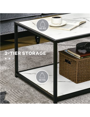 HOMCOM Modern Coffee Table with Faux Marble Top, Cocktail Table with 2-Tier Storage and Steel Frame for Living Room, White