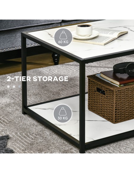 HOMCOM Modern Coffee Table with Faux Marble Top, Cocktail Table with 2-Tier Storage and Steel Frame for Living Room, White - pic 7287 | FastDaddyshop