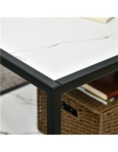 HOMCOM Modern Coffee Table with Faux Marble Top, Cocktail Table with 2-Tier Storage and Steel Frame for Living Room, White
