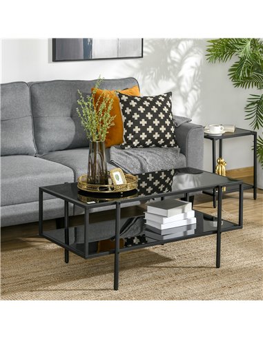 HOMCOM Modern Coffee Table with Tempered Glass Top, Cocktail Table with 2-Tier Storage and Steel Frame for Living Room, Black