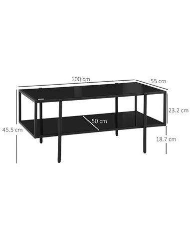 HOMCOM Modern Coffee Table with Tempered Glass Top, Cocktail Table with 2-Tier Storage and Steel Frame for Living Room, Black