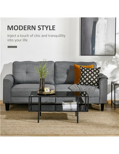 HOMCOM Modern Coffee Table with Tempered Glass Top, Cocktail Table with 2-Tier Storage and Steel Frame for Living Room, Black