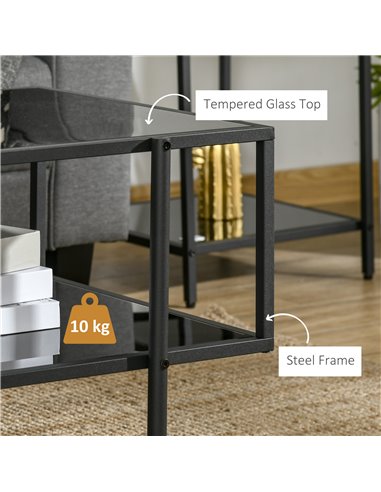 HOMCOM Modern Coffee Table with Tempered Glass Top, Cocktail Table with 2-Tier Storage and Steel Frame for Living Room, Black