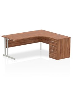 Dynamic Impulse 1800mm Right Crescent Office Desk Workstation Walnut Top 600 Deep Desk High Pedestal I000555