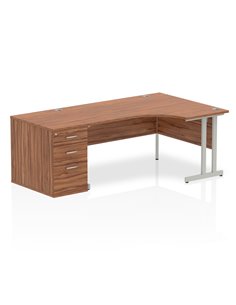 Dynamic Impulse 1600mm Right Crescent Office Desk Workstation Walnut Top 800 Deep Desk High Pedestal I000575