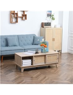 Homcom Coffee Table with Storage, Sliding Doors and Natural Woven Rattan 2