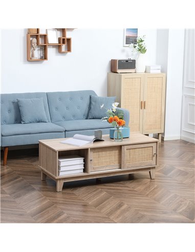 HOMCOM Coffee Table with Storage, Tea Table with Sliding Doors and Natural Woven Rattan for Living Room, Office, Study Room, Rec