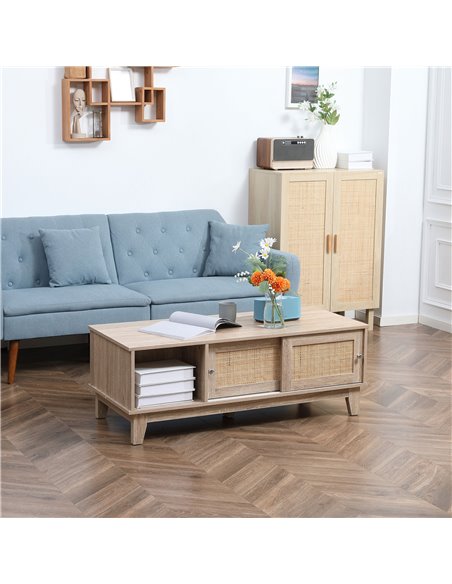 HOMCOM Coffee Table with Storage, Tea Table with Sliding Doors and Natural Woven Rattan for Living Room, Office, Study Room, Rec - pic 7328 | FastDaddyshop