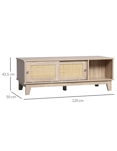 HOMCOM Coffee Table with Storage, Tea Table with Sliding Doors and Natural Woven Rattan for Living Room, Office, Study Room, Rec