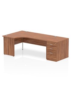 Dynamic Impulse 1800mm Left Crescent Office Desk Workstation Walnut Top 800 Deep Desk High Pedestal I000615