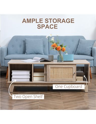 HOMCOM Coffee Table with Storage, Tea Table with Sliding Doors and Natural Woven Rattan for Living Room, Office, Study Room, Rec