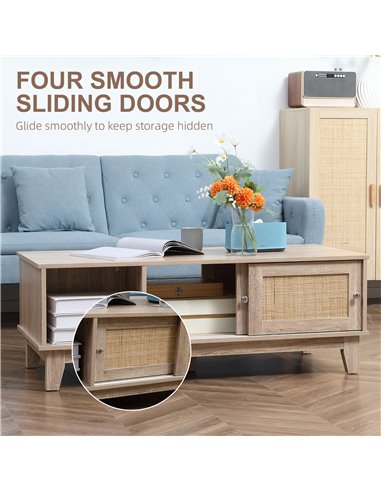 HOMCOM Coffee Table with Storage, Tea Table with Sliding Doors and Natural Woven Rattan for Living Room, Office, Study Room, Rec