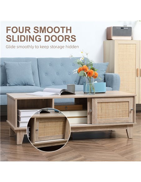 HOMCOM Coffee Table with Storage, Tea Table with Sliding Doors and Natural Woven Rattan for Living Room, Office, Study Room, Rec - pic 7331 | FastDaddyshop