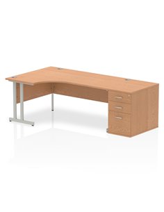 Dynamic Impulse 1800mm Left Crescent Office Desk Oak Top Cantilever 800 Deep Desk High Pedestal I000875