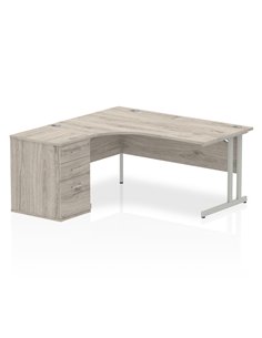 Dynamic Impulse 1600mm Left Crescent Office Desk Grey Oak Top Cantilever 600 Deep Desk High Pedestal I003171