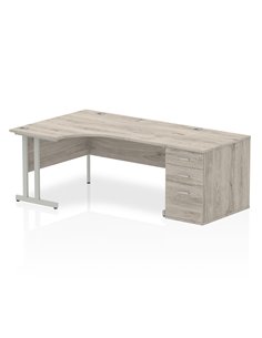 Dynamic Impulse 1600mm Left Crescent Office Desk Grey Oak Top Cantilever 800 Deep Desk High Pedestal I003172